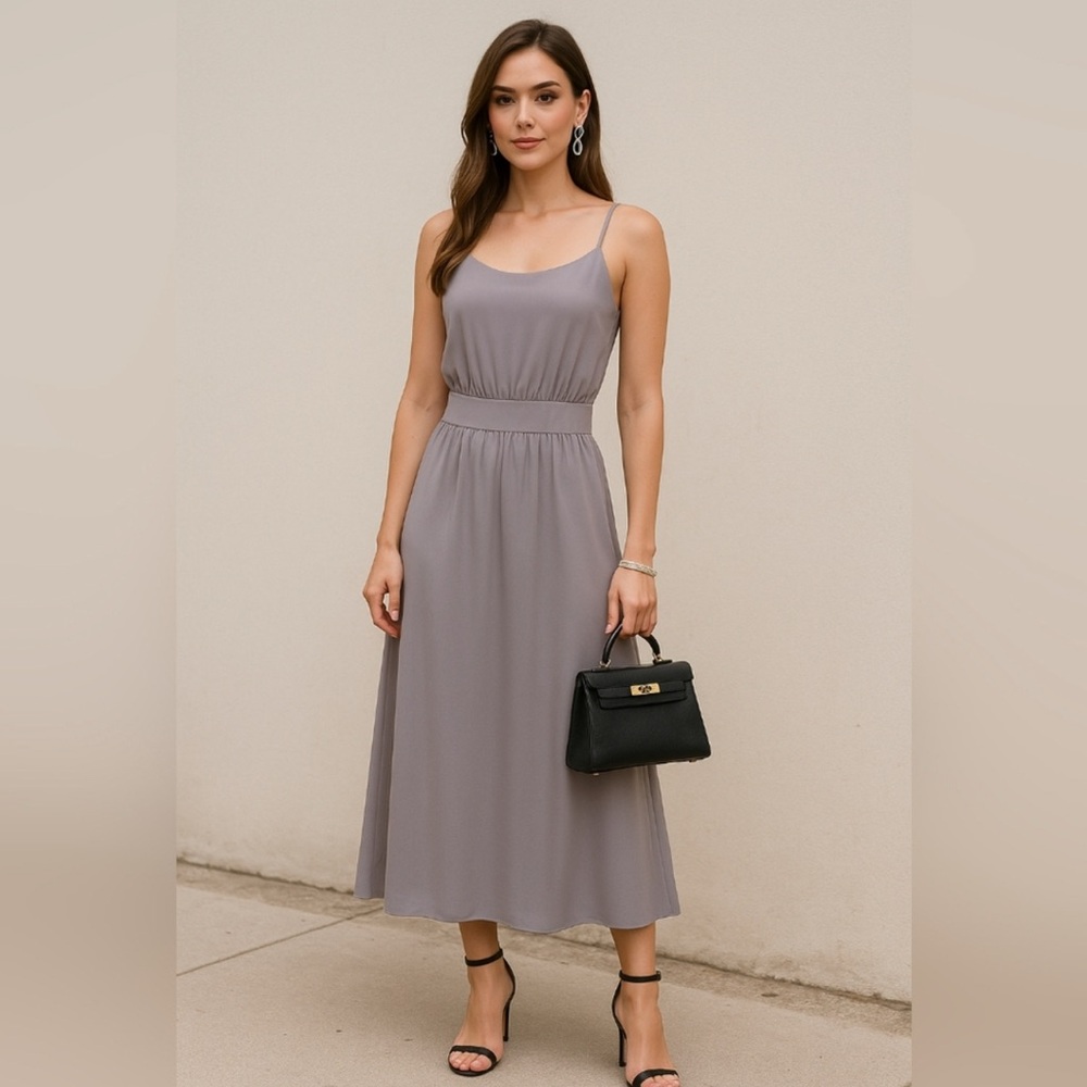 THEORY 100% Silk Lavender Gray A-Line Midi Luxury Cocktail Dress Spaghetti Strap